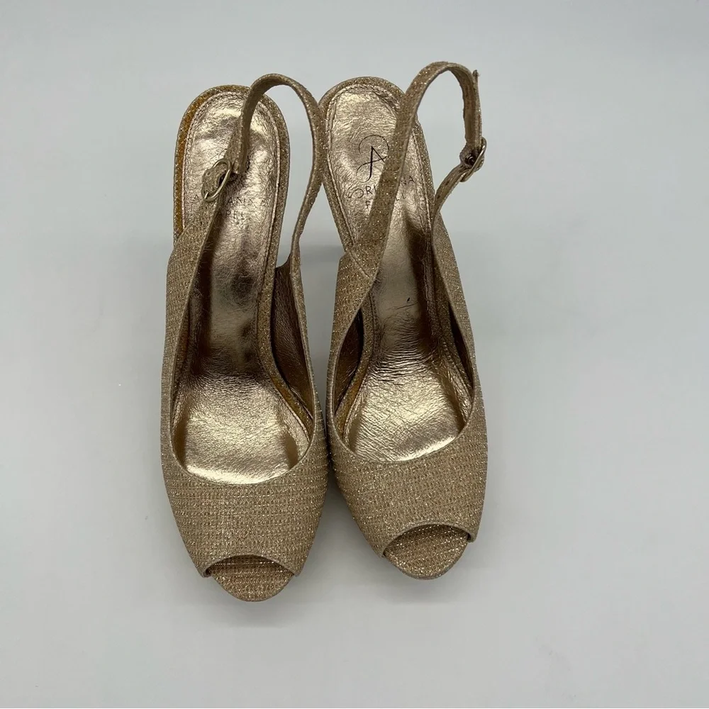 Adrianna Papell Gold Glitter Slingback Platform Heels – Peep Toe High Heel Pumps